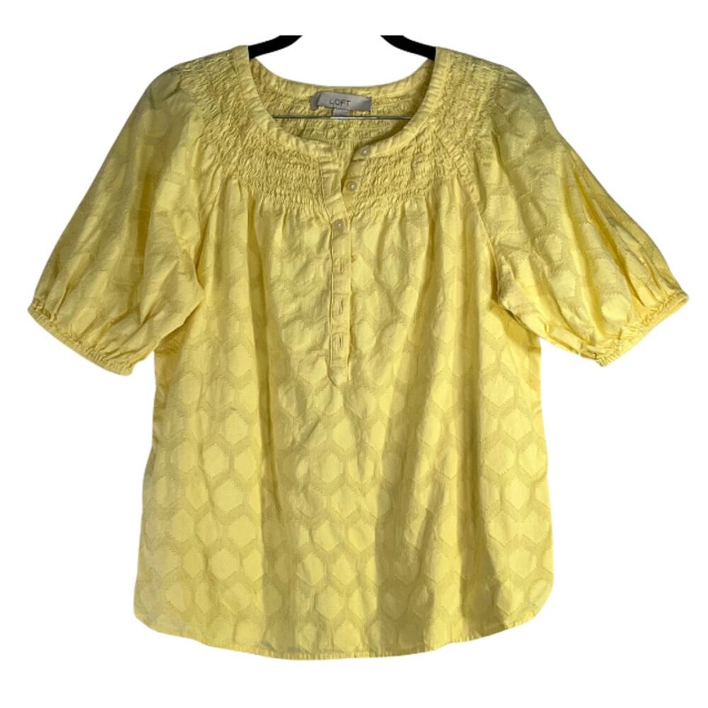 Loft Summer Yellow Smocked Button V-Neck Puff Short Sleeve Blouse Size S